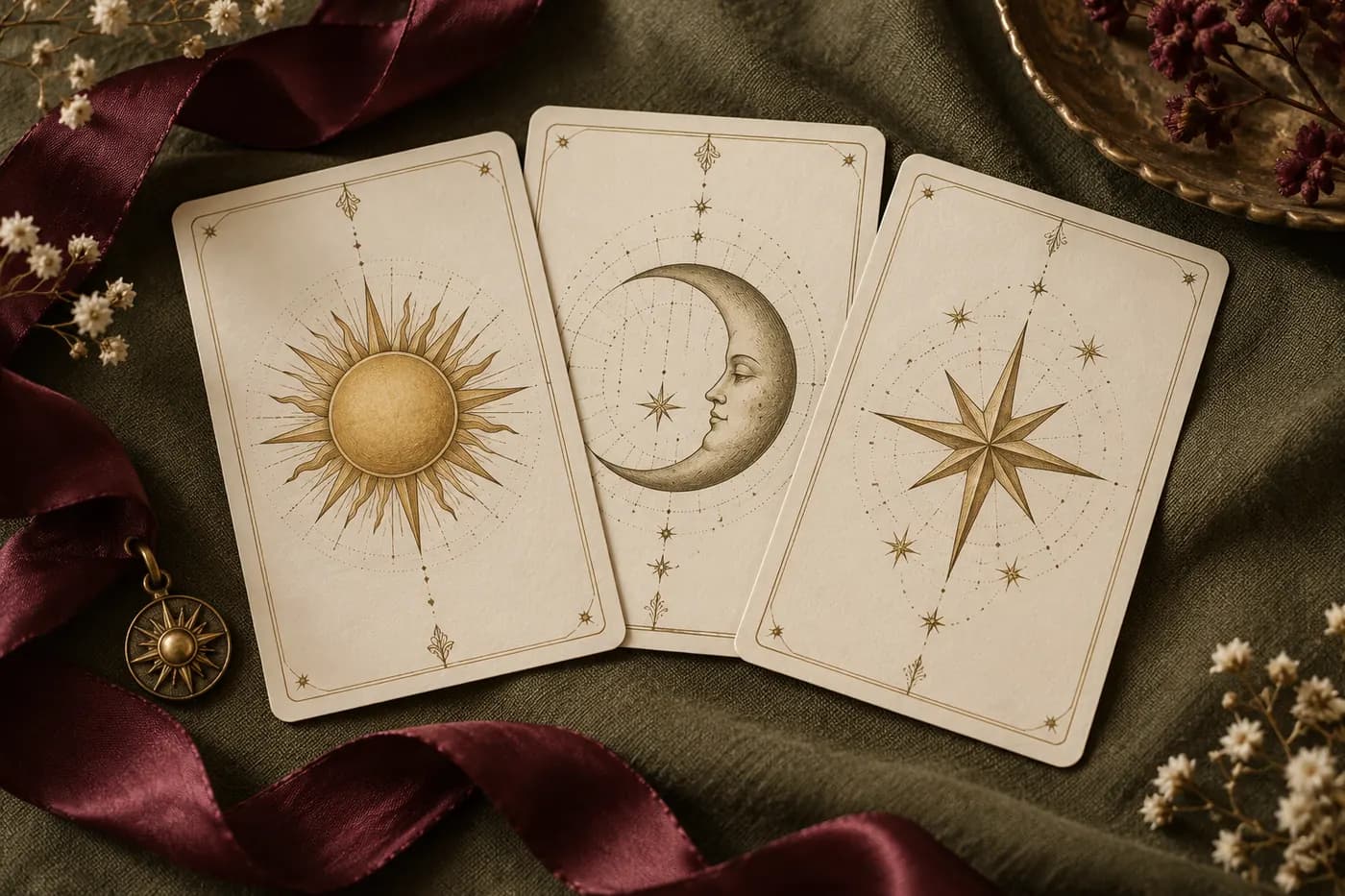 Eskitilmiş güneş, ay ve yıldız tarot kartları
